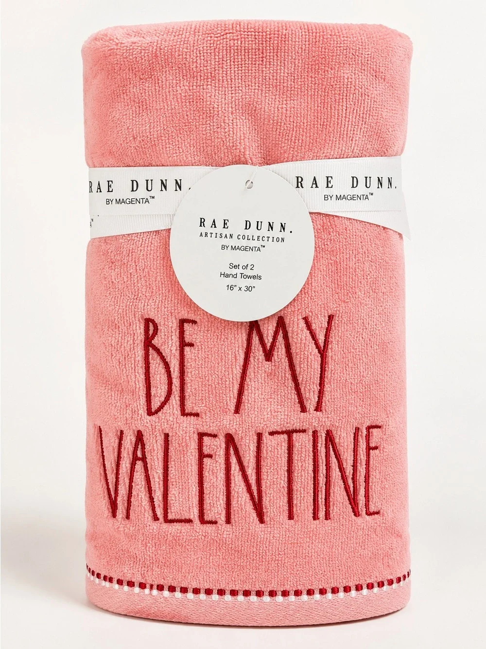 NWT Rae Dunn “Be My Valentine” Hand Towels Set of 2 | Pink Embroidered 16x30